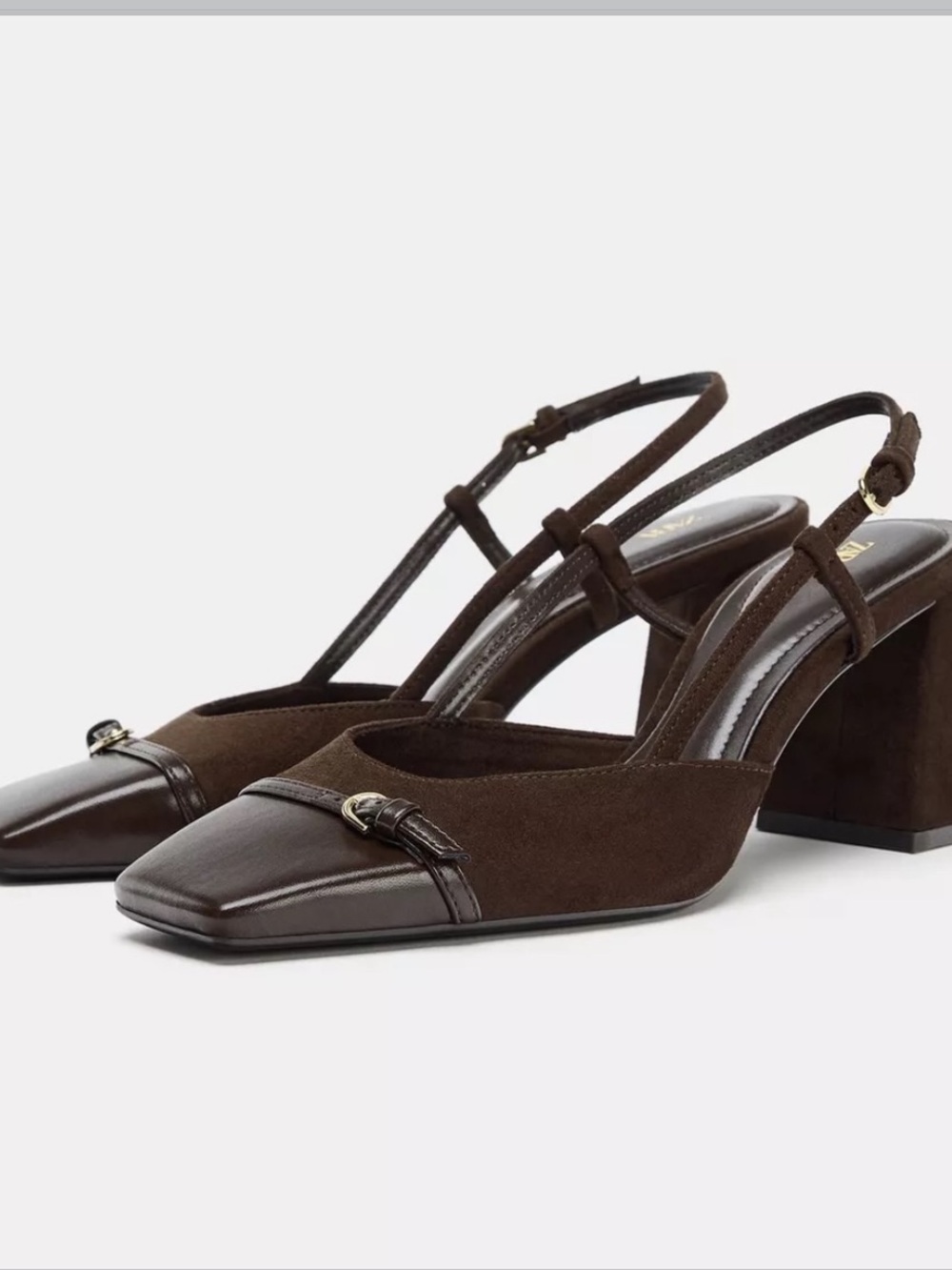 Zara Dark Brown Suede & Leather Block Heel Slingbacks